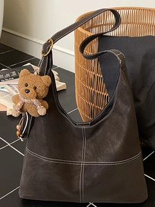 Vintage Large Capacity PU Leather Tote Bag For Women Contrast Stitching Fashion Crossbody Shoulder Bag Commuter Bag