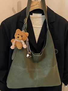 Retro green PU leather tote bag with white contrast stitching and plush bear charm