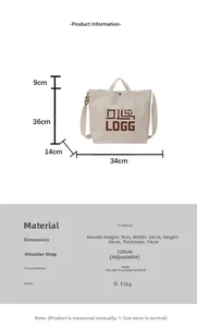 Detailed view of off-white canvas tote bag specifications with LOGG logo and strap