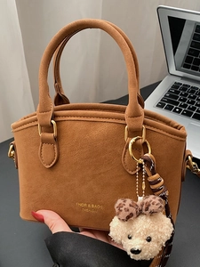 Vintage PU Leather Small Square Crossbody Bag For Women Fashion Solid Color Handbag With Cute Plush Bear Charm Elegant Top Handle Bag