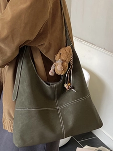 French vintage dark green crossbody tote bag with contrast stitching and bear charm
