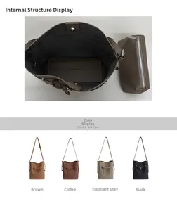 Innenstruktur und 4 Farben der großen Leder-Eimertasche für Damen zum Pendeln