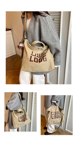Three-way view of a large canvas tote bag showing handheld, shoulder and crossbody styles