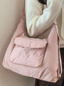 Pink minimalist nylon shoulder tote bag with large front flap pocket for women
