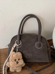 Borsa a Mano da Donna Bowling in Pelle PU Retro Borsa Boston Minimalista Con Ciondolo Cane in Peluche Borsa a Spalla