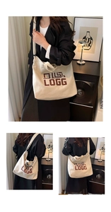 Three-way view of minimalist cream canvas tote bag with LOGG print and large capacity