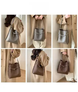 Detailansicht der Damen-Eimertasche in Grau und Braun für den täglichen Pendelverkehr