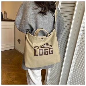 Detail of khaki canvas bag showing LOGG logo print and shoulder strap functionality