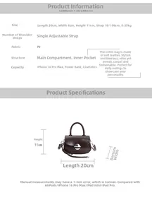 Detailed size chart showing dimensions of 20x6x11cm for the brown PU saddle bag