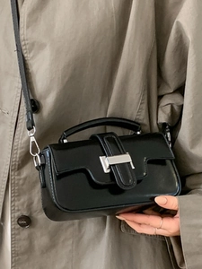 Retro black glossy leather mini square handbag with silver metal buckle and shoulder strap