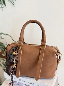 Vintage Women PU Leather Boston Bag Urban Simple Top Handle Handbag Fashion Daily Commuting Shoulder Crossbody Bag With Charms