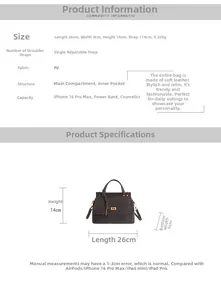 Size chart for dark grey PU leather handbag with detailed measurements and capacity info