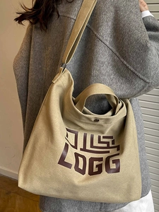 Minimalist khaki canvas tote bag with brown LOGG print for women, casual shoulder handbag