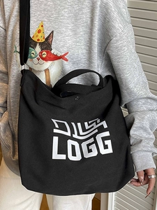 Black canvas shoulder bag with white LOGG logo print and adjustable strap for daily use