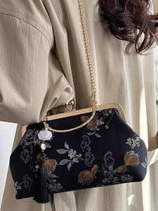 Vintage Chinese style crossbody bag with gold carp embroidery and elegant silk tassel