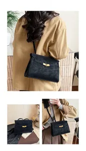 Detailed views of a black retro shoulder bag featuring a classic gold metal turn-lock closure