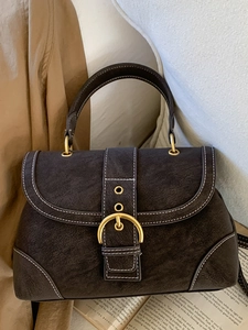Retro dark brown top-handle bag with contrast stitching and gold ring buckle detail