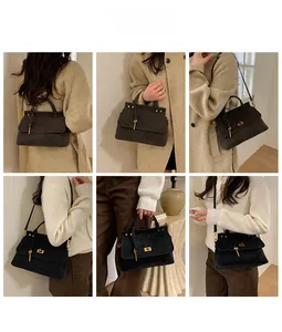 Collage of model wearing a dark grey suede handbag in shoulder and crossbody styles