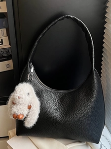 Women Minimalist PU Leather Hobo Shoulder Bag Large Capacity Solid Color Litchi Pattern Underarm Bag With Rabbit Pendant