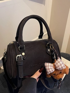 Women Retro PU Leather Boston Bag Small Shoulder Crossbody Handbag With Bear Charm Casual Solid Color Stitching Top Handle Bag