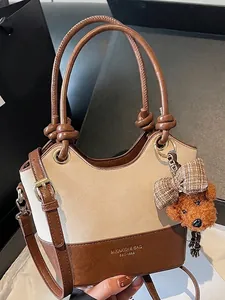 Korean Style PU Leather Contrast Color Patchwork Bucket Bag For Women Commuter Shoulder Crossbody Handbag With Teddy Bear Charm