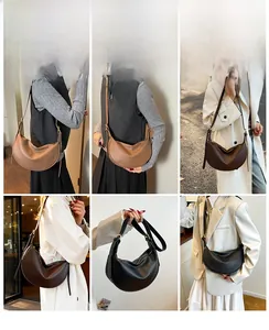 Three colors of faux leather crescent bags shown in outdoor street style scenes