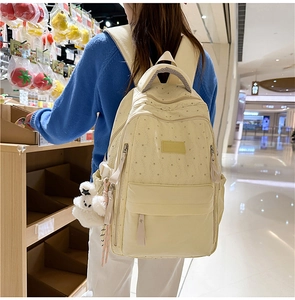 Détail du sac à dos beige aux motifs d'étoiles grises avec pendentif ours en peluche