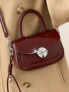 Deep red high-gloss leather square shoulder bag with silver metal lock for women