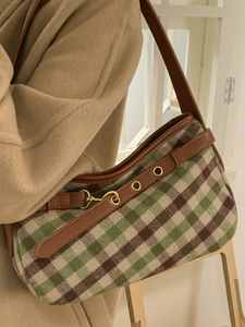 Borsa a spalla vintage a quadri verdi e marroni in lana con spalline in pelle da donna