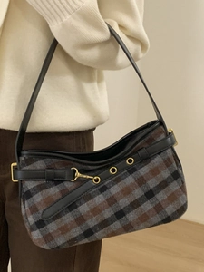 Borsa sottobraccio vintage a quadri con finiture in pelle nera e fibbia dorata da donna