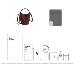 Brown suede bucket bag internal capacity view with smartphone size comparison detail