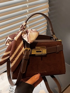 Vintage brown suede small square bag with leather handle and decorative silk scarf