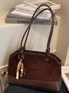 Vintage Suede Patchwork Tote Bag For Women Large Capacity Shoulder Bag With Beaded Charm Leopard Print Travel Work Handbag