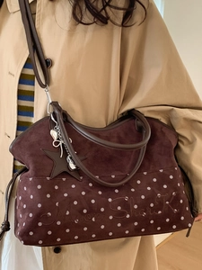 Borsa tote retrò caffè opaco con pois bianchi e ricamo Muon Shark di tendenza
