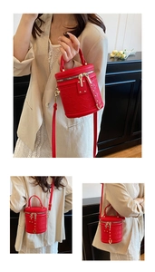 Detailed views of a red quilted leather bucket bag showing handheld and crossbody styles