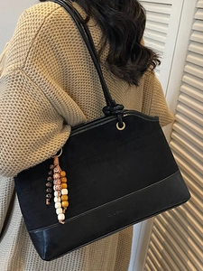 Retro black oversized tote bag for women with suede splicing and colorful beaded charm