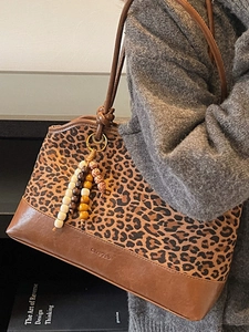 Retro leopard print tote bag with brown leather base and beaded charm for women