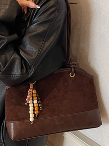 Retro large capacity dark brown suede shoulder bag with colorful wooden bead tassel charm