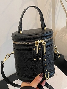 Retro Rhombic PU Leather Bucket Bag For Women Fashion Crossbody Handheld Cylindrical Bag With Gold Hardware Vintage