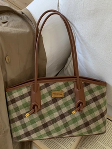 Sac Fourre-tout Rétro à Carreaux pour Femmes en Similicuir PU Grande Capacité Sac à Bandoulière Épissage à Main pour Travail Mode