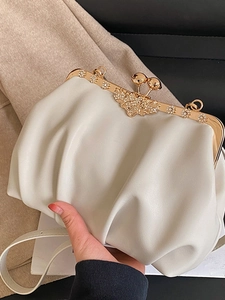 Sac à Épaule Chic Plissé pour Femmes Vintage Fermoir à Baiser Coquille Sac Bandoulière Strass Fleur Fermoir PU Cuir Pochette Soirée
