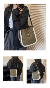 Detail view of olive green suede bucket bag with white faux shearling trim and metal buckle