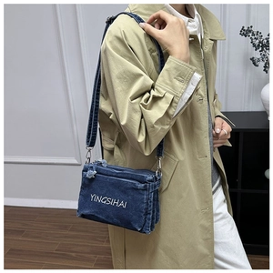 Detail of blue denim crossbody bag featuring white letter embroidery and multi-layer zippers