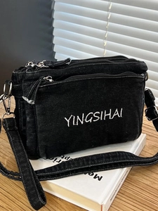 Women Urban Minimalist Denim Crossbody Bag Fashion Multi Layer Zipper Shoulder Bag With Letter Embroidery Adjustable Strap