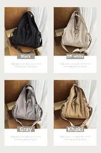 Collage aus großen Tragetaschen in Schwarz, Creme, Grau und Khaki auf einem Holzstuhl