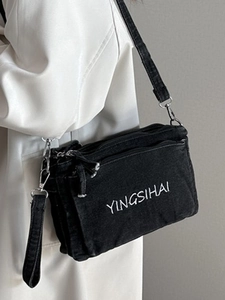 Fashionable black denim crossbody square bag with white YINGSIHAI embroidery for women