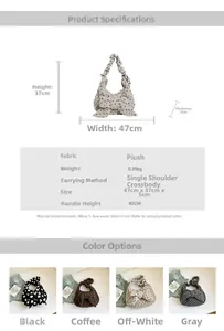 Detailed size specifications for large plush crossbody bag with bow design and dimensions