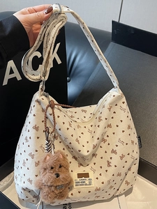 Women Corduroy Bow Heart Printed Tote Bag Large Capacity Casual Shoulder Bag With Plush Dog Keychain Fashion Handbag