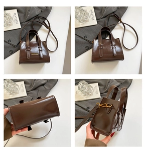 Detailed views of brown glossy small square bag with gold hardware and strap