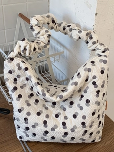 Women's Fashion Polka Dot Quilted Shoulder Bag Large Capacity Ruched Strap Fabric Tote Bag Casual Shopping Hobo Handbag